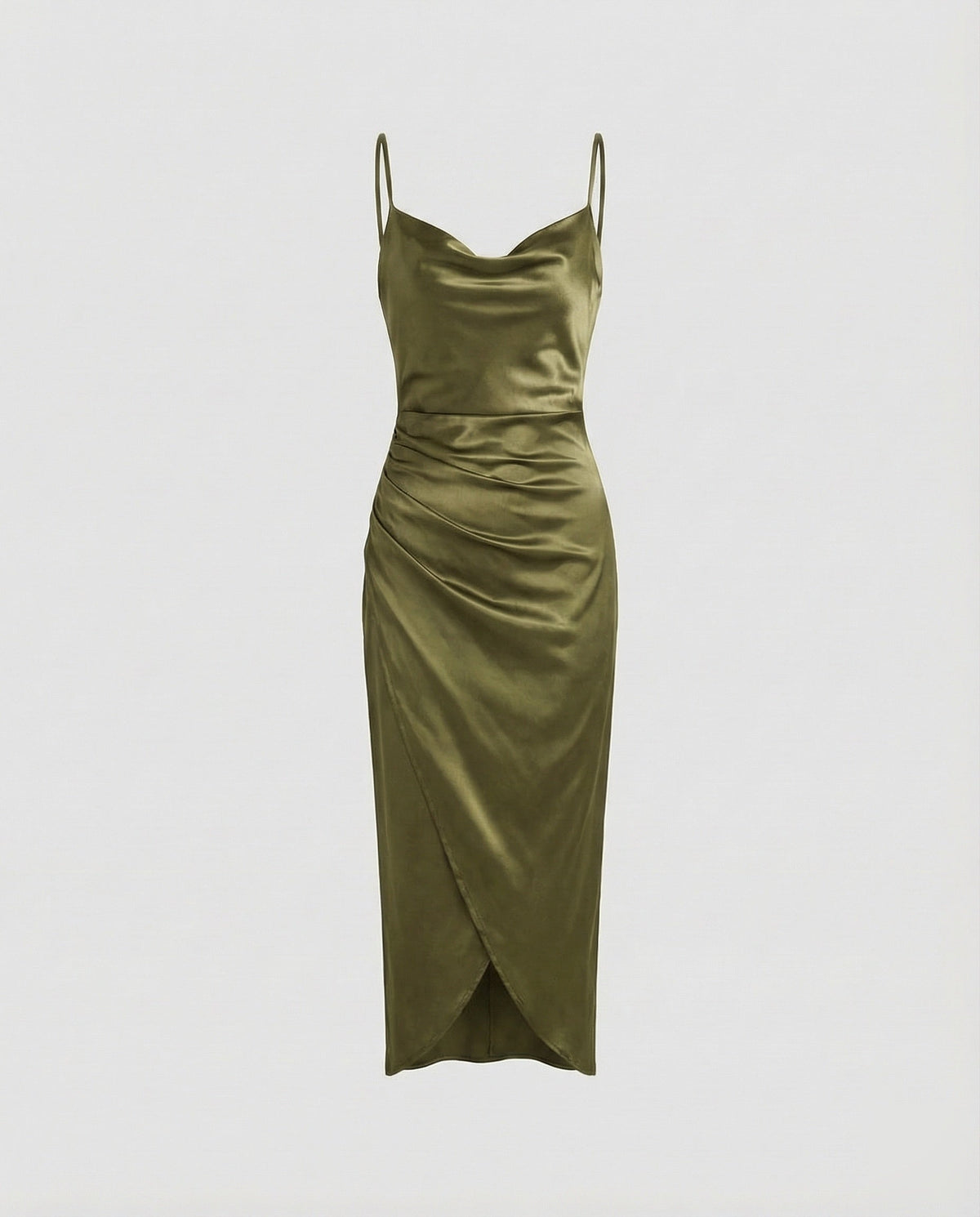 Women's Satin Cowl Neck Dress with Side Ruched Detailing