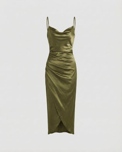 Women's Satin Cowl Neck Dress with Side Ruched Detailing