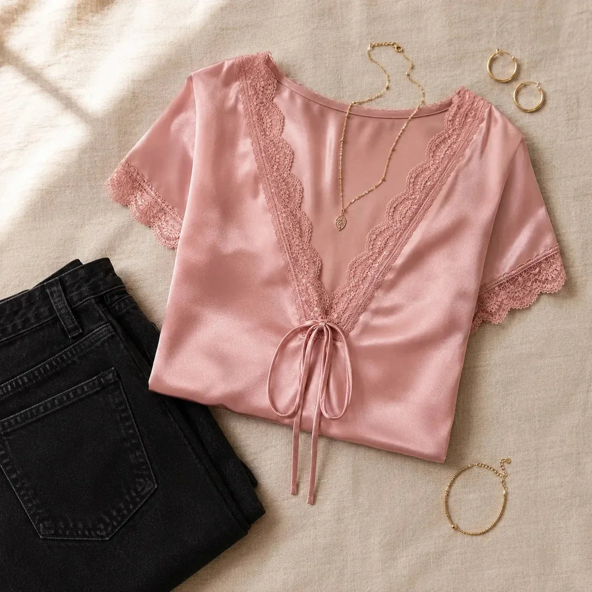 Women's Satin-Like Lace V-Neck Tie-Front Blouse