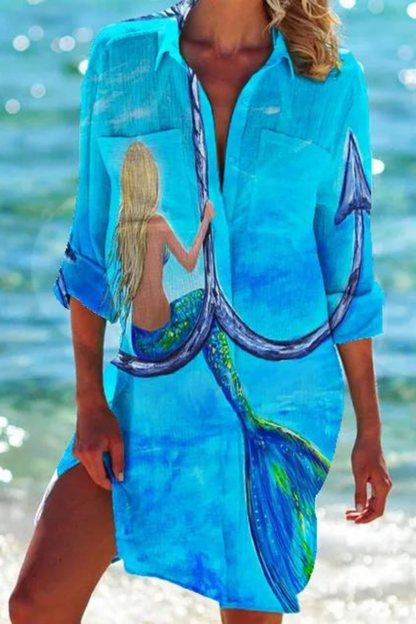 Women's Seashell & Coral Print Relaxed Beach Cover-Up