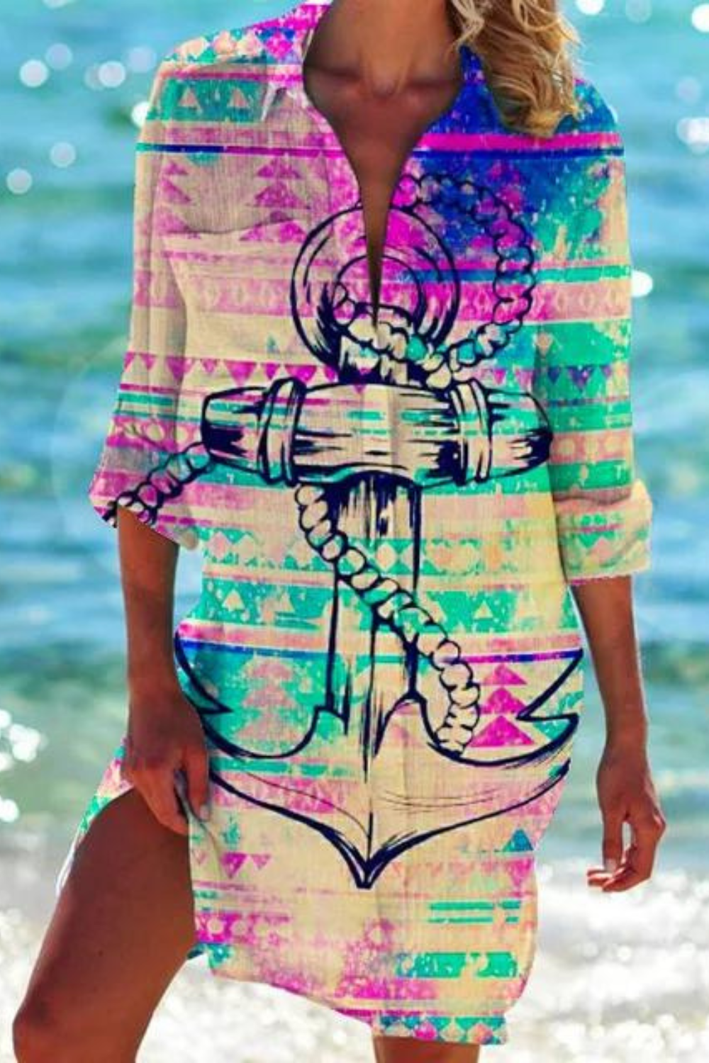 Women's Seashell & Coral Print Relaxed Beach Cover-Up