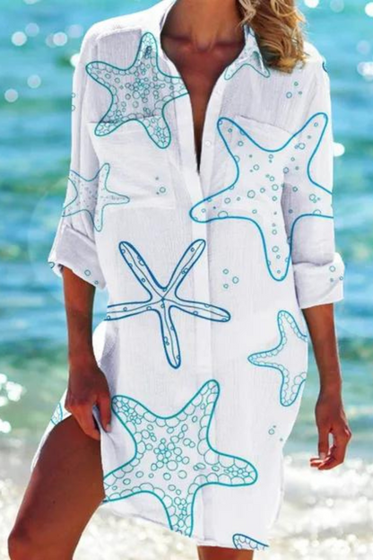 Women's Seashell & Coral Print Relaxed Beach Cover-Up