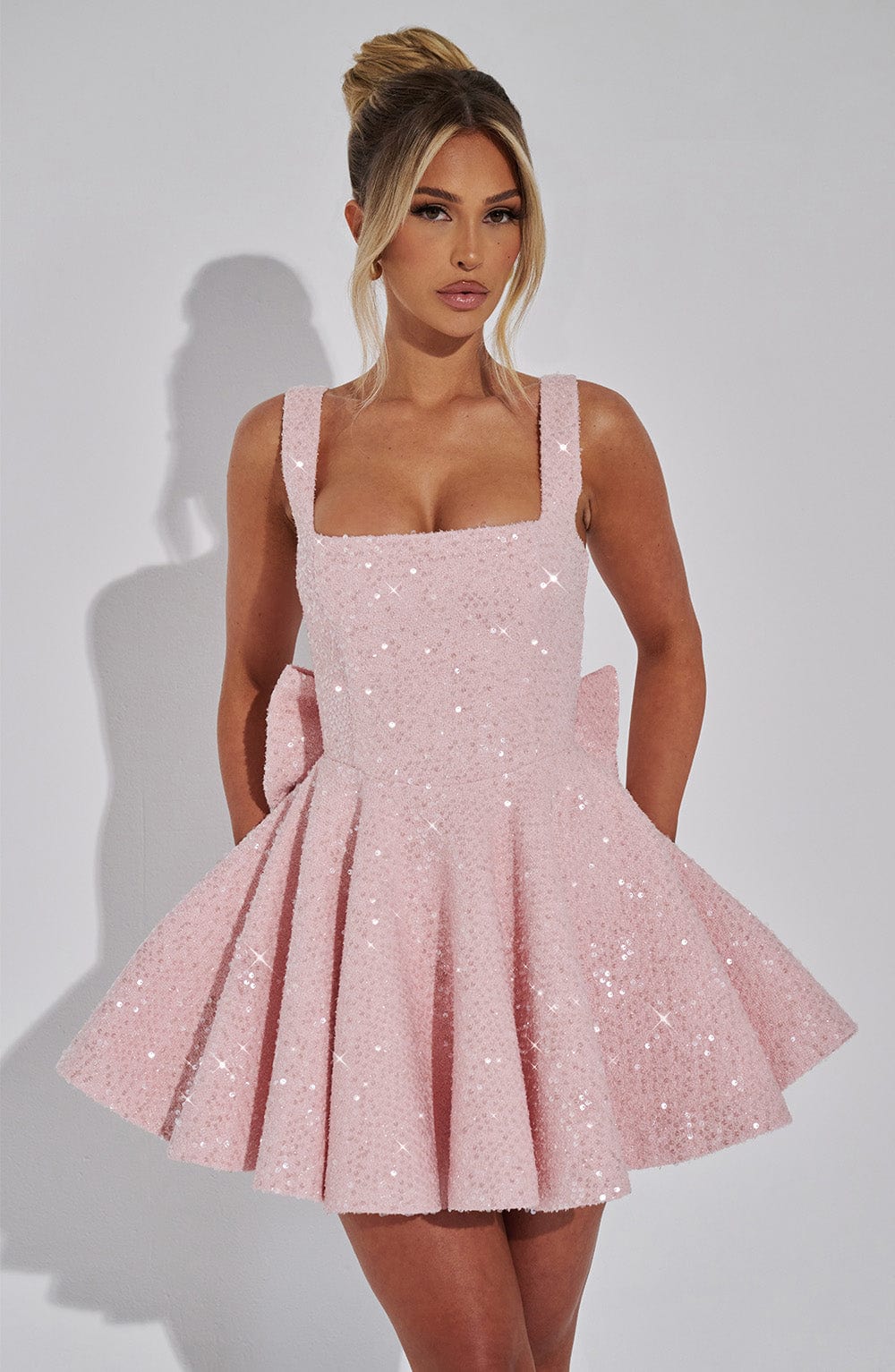 Women's Sequin Prom Mini Dress with Square Neck and Back Bow
