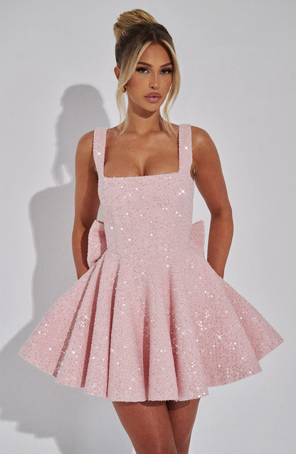 Women's Sequin Prom Mini Dress with Square Neck and Back Bow