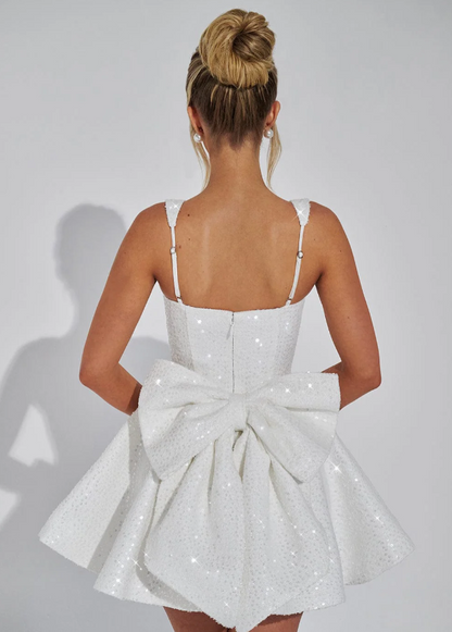 Women's Sequin Prom Mini Dress with Square Neck and Back Bow