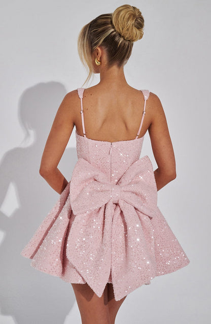 Women's Sequin Prom Mini Dress with Square Neck and Back Bow