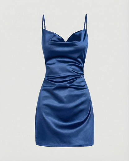 Women's Shimmering Side Draped Satin Mini Dress