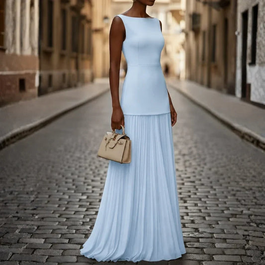 Women's Sleeveless Boat Neck Pleated Maxi Dress
