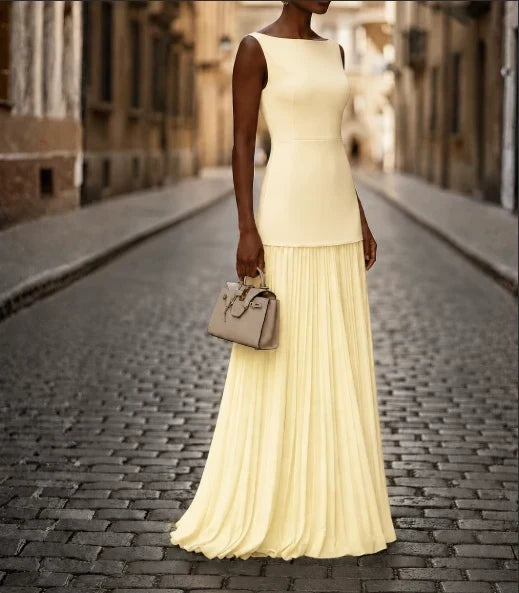 Women's Sleeveless Boat Neck Pleated Maxi Dress