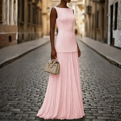 Women's Sleeveless Boat Neck Pleated Maxi Dress