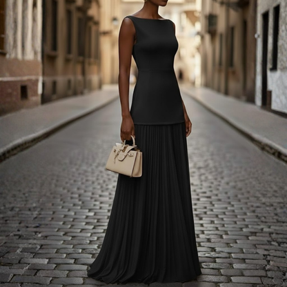 Women's Sleeveless Boat Neck Pleated Maxi Dress