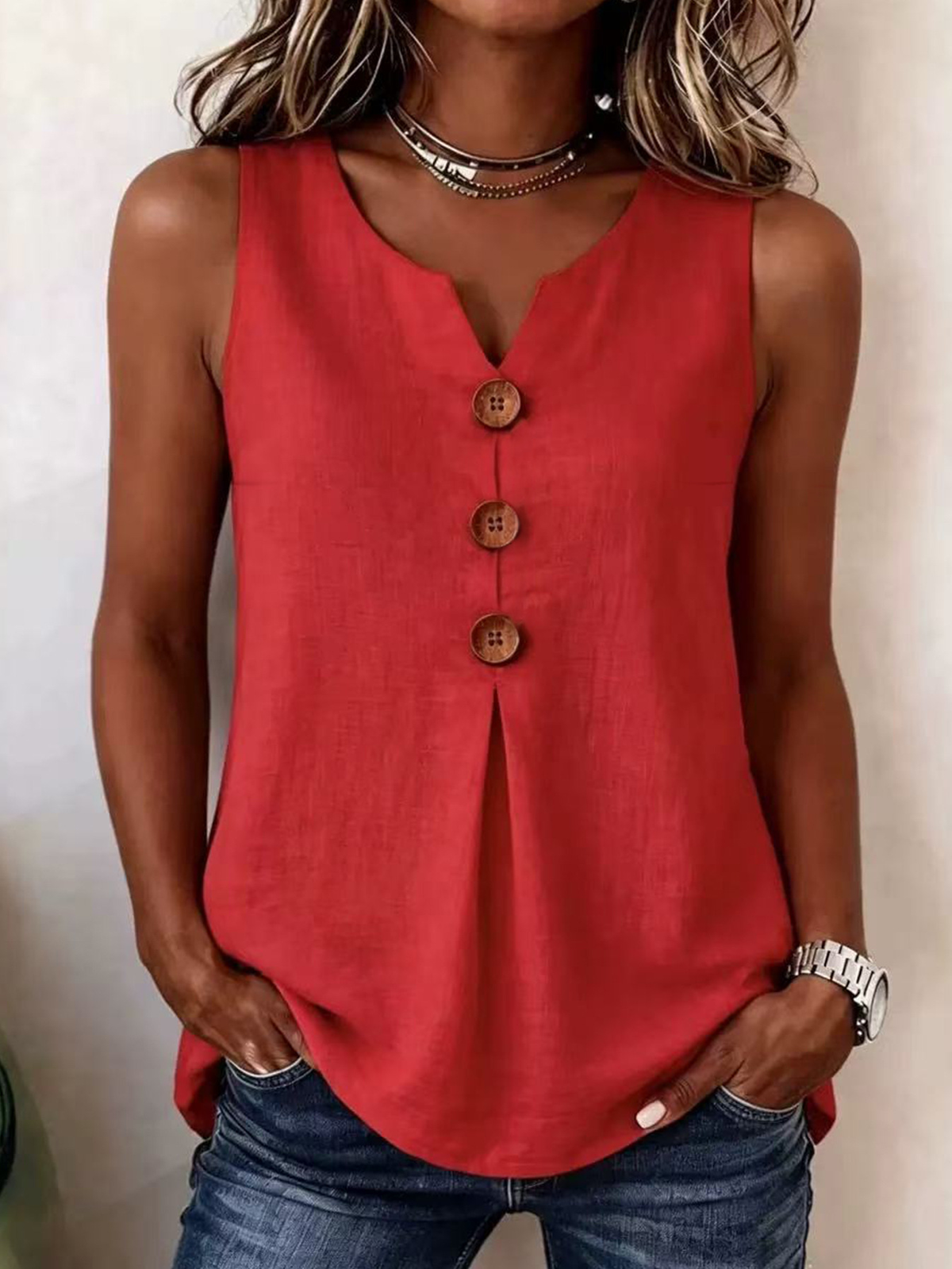 Women's Sleeveless V-Neck Blouse with Pleated Front