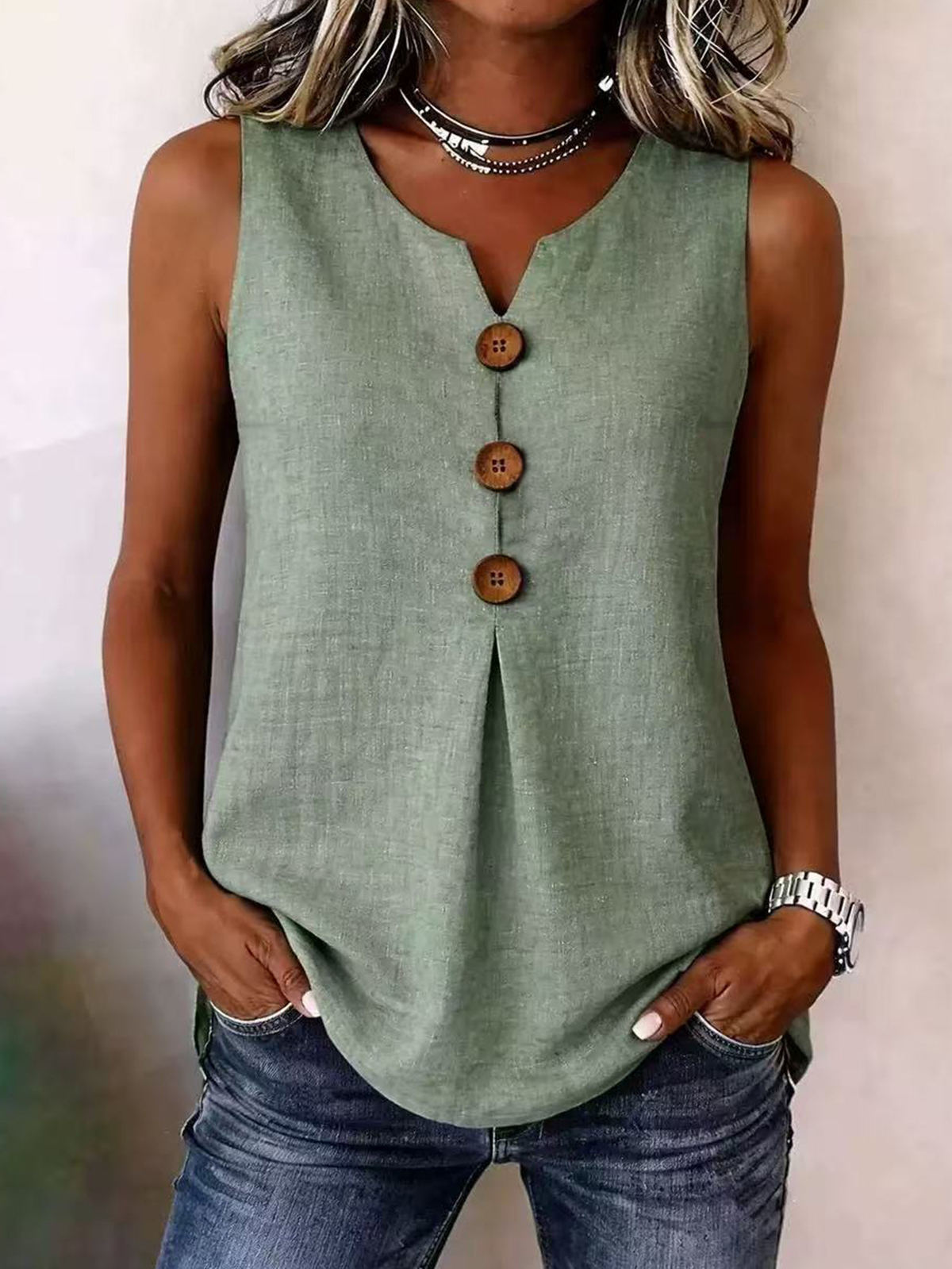 Women's Sleeveless V-Neck Blouse with Pleated Front