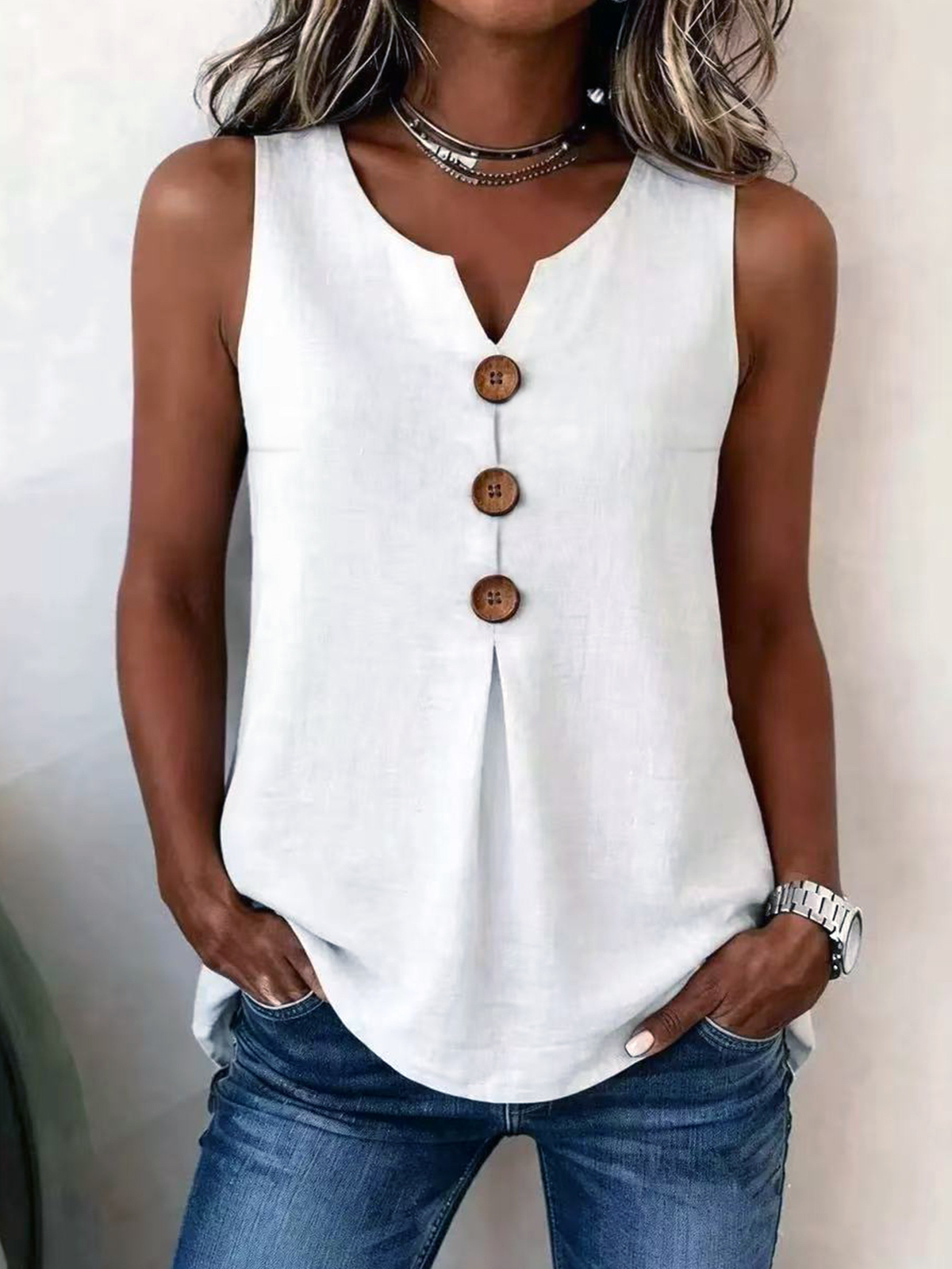 Women's Sleeveless V-Neck Blouse with Pleated Front