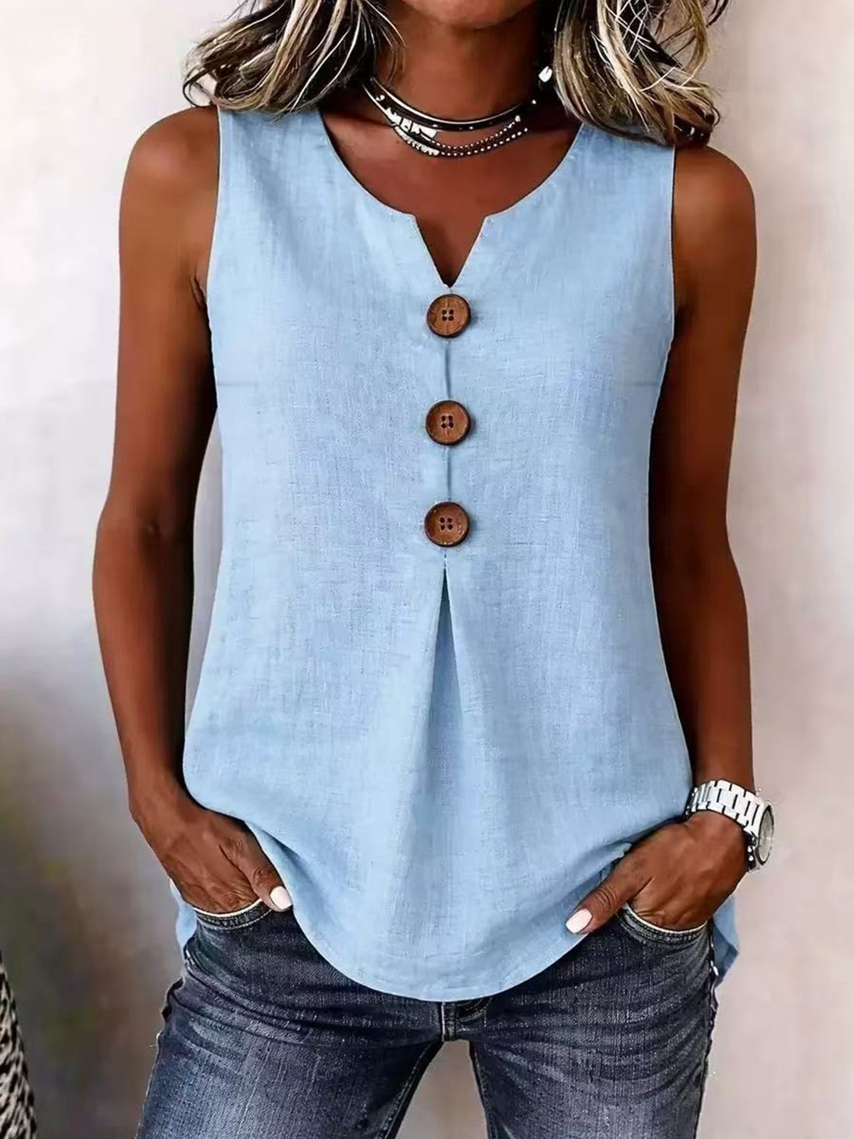 Women's Sleeveless V-Neck Blouse with Pleated Front