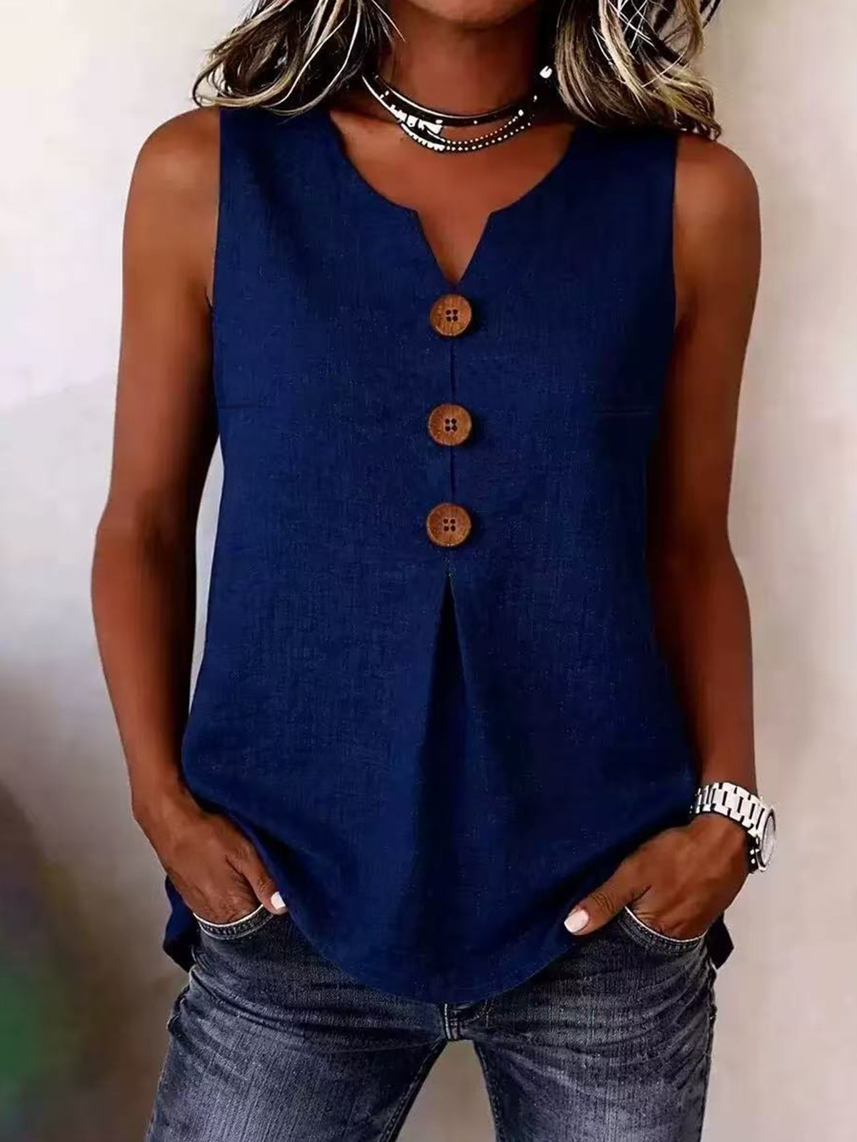 Women's Sleeveless V-Neck Blouse with Pleated Front