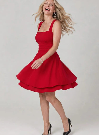 Women's Square Neck Ruched Waist Fit and Flare Mini Cocktail Dress