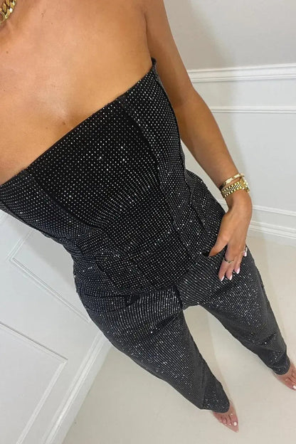 Women's Strapless Sequin Straight-Leg Jumpsuit