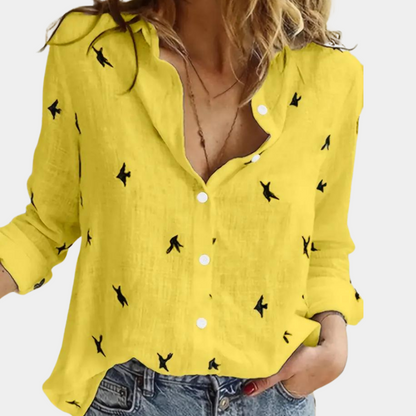 Women's Swallow Print Shirt | Elegant Long-Sleeve Blouse