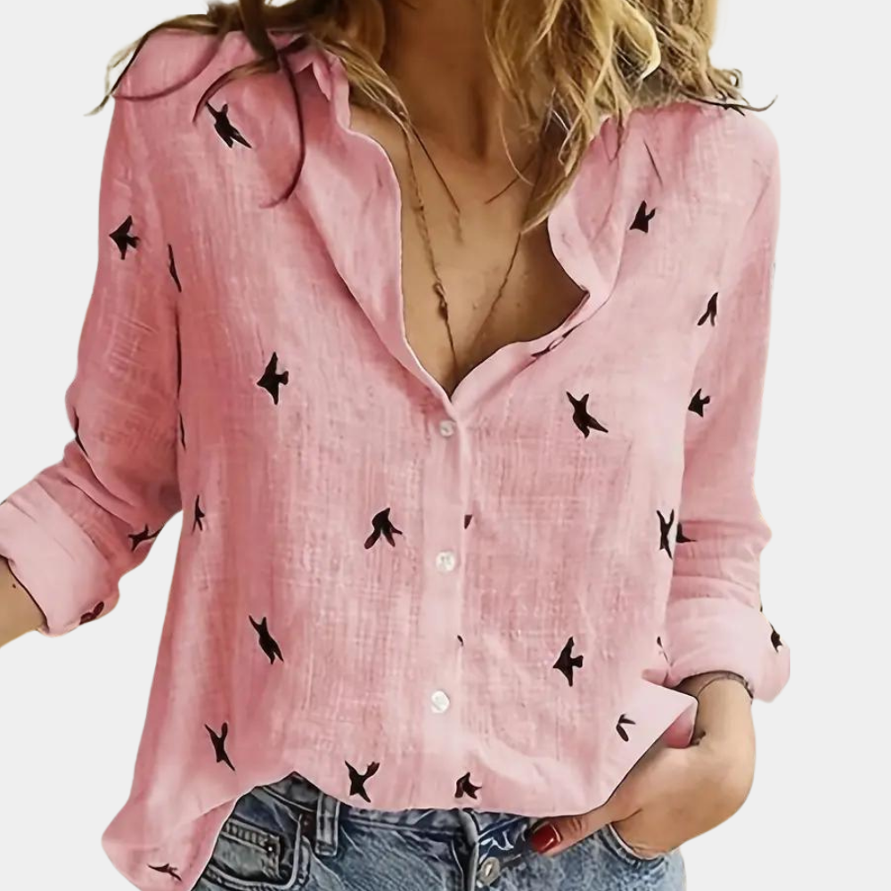 Women's Swallow Print Shirt | Elegant Long-Sleeve Blouse