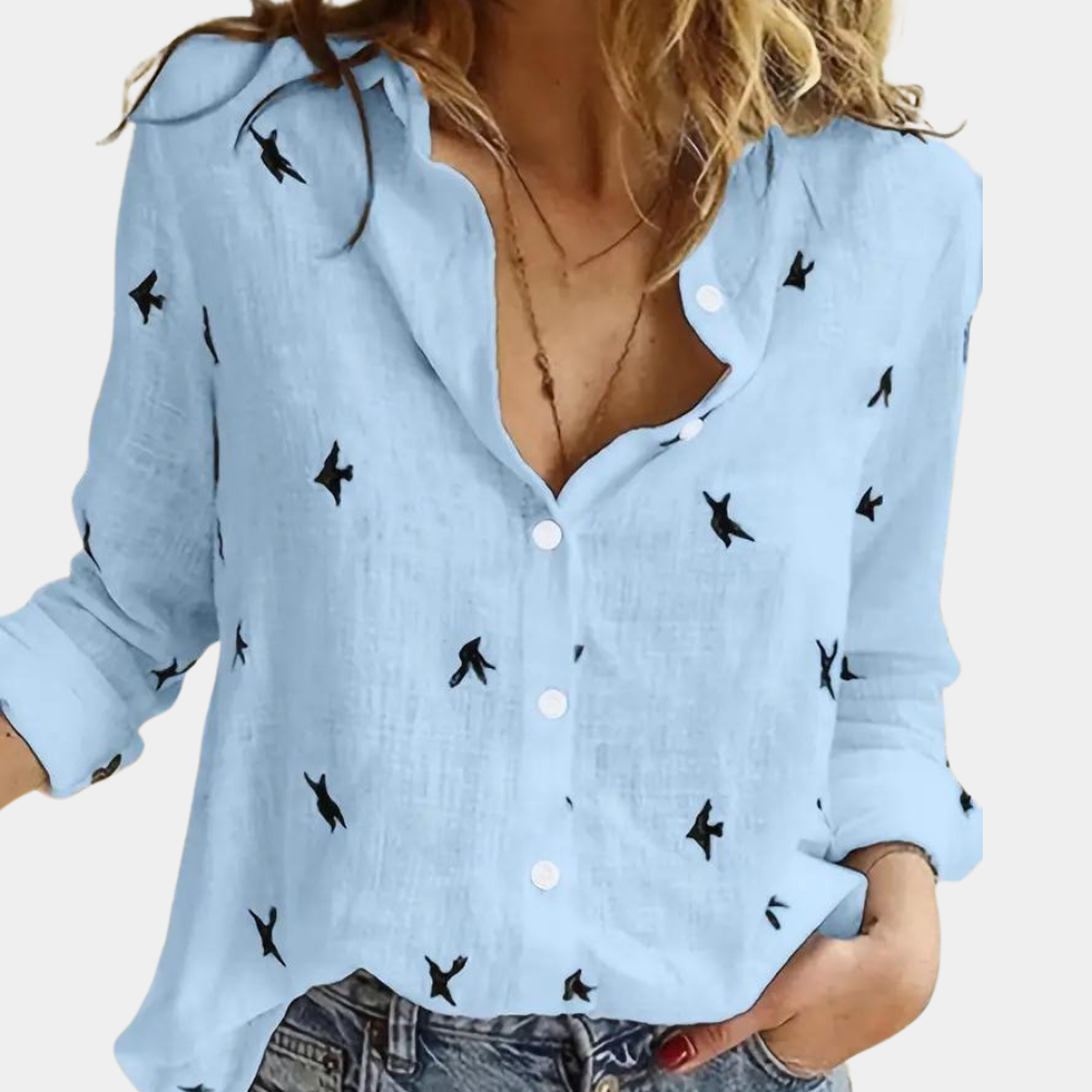 Women's Swallow Print Shirt | Elegant Long-Sleeve Blouse