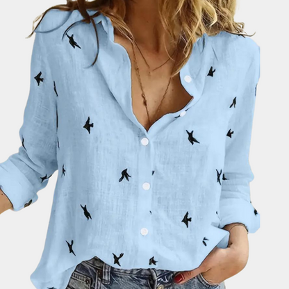 Women's Swallow Print Shirt | Elegant Long-Sleeve Blouse