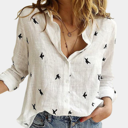 Women's Swallow Print Shirt | Elegant Long-Sleeve Blouse