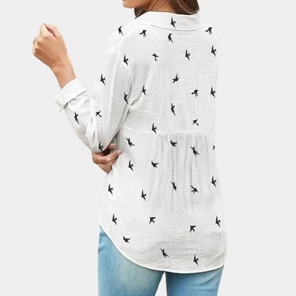 Women's Swallow Print Shirt | Elegant Long-Sleeve Blouse