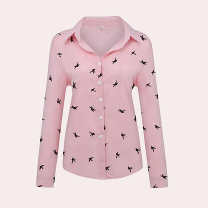 Women's Swallow Print Shirt | Elegant Long-Sleeve Blouse