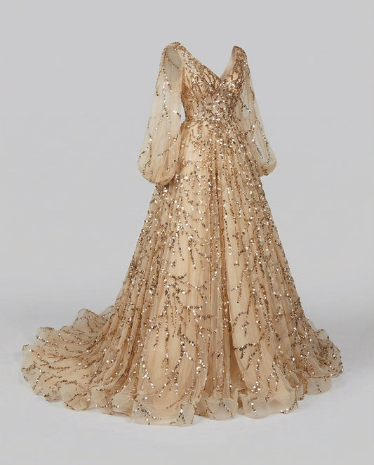 Women's Tulle Ball Gown with Balloon Sleeves and Beaded Appliqué