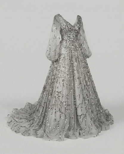 Women's Tulle Ball Gown with Balloon Sleeves and Beaded Appliqué
