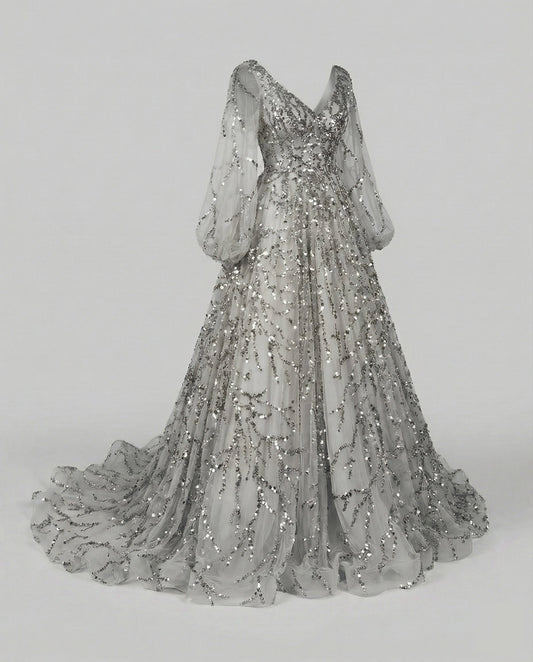 Women's Tulle Ball Gown with Balloon Sleeves and Beaded Appliqué