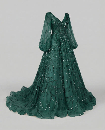 Women's Tulle Ball Gown with Balloon Sleeves and Beaded Appliqué