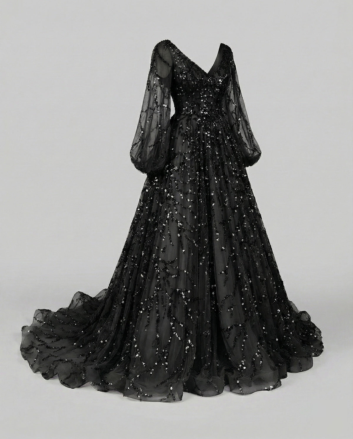 Women's Tulle Ball Gown with Balloon Sleeves and Beaded Appliqué