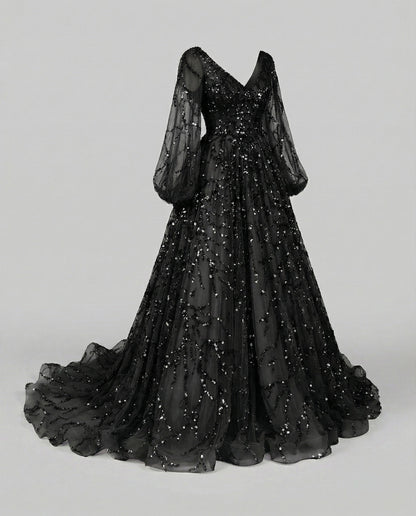 Women's Tulle Ball Gown with Balloon Sleeves and Beaded Appliqué