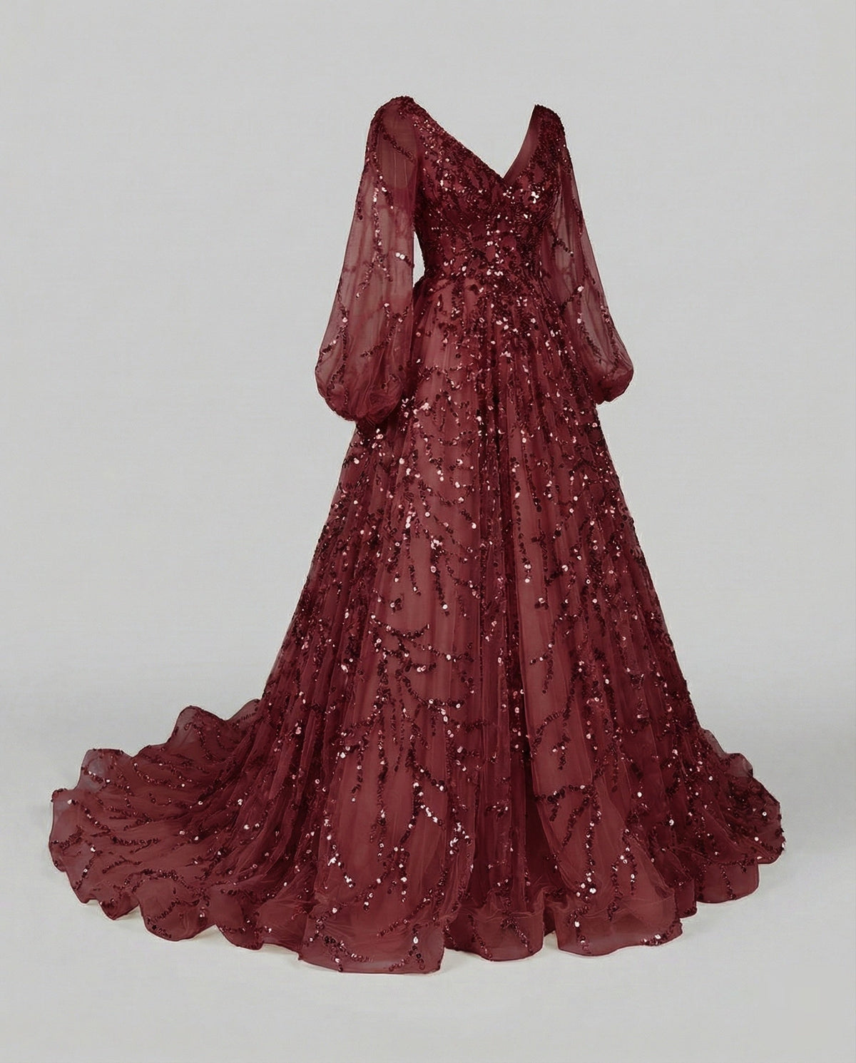 Women's Tulle Ball Gown with Balloon Sleeves and Beaded Appliqué