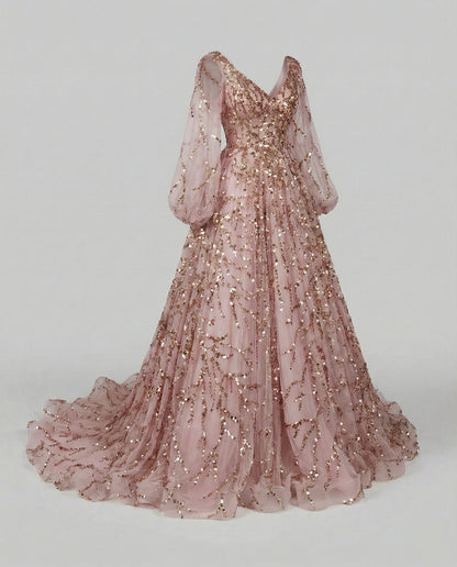 Women's Tulle Ball Gown with Balloon Sleeves and Beaded Appliqué