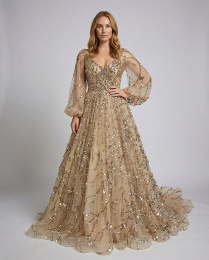 Women's Tulle Ball Gown with Balloon Sleeves and Beaded Appliqué