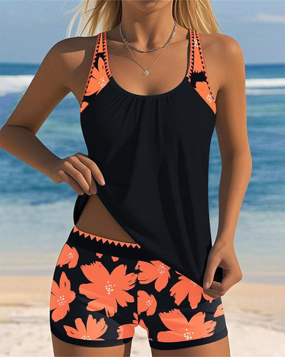 Women's Tummy-Control Ruched Racerback Floral Tankini Swimsuit Set