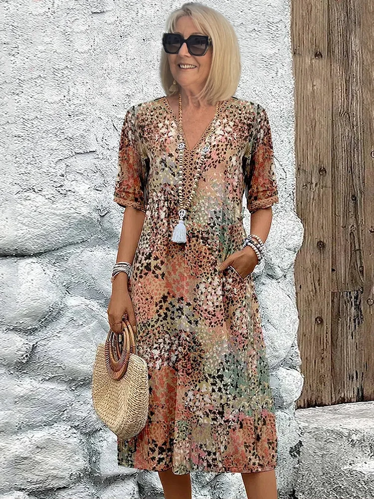 Women's V-Neck A-Line Printed Midi Dress