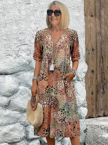 Women's V-Neck A-Line Printed Midi Dress