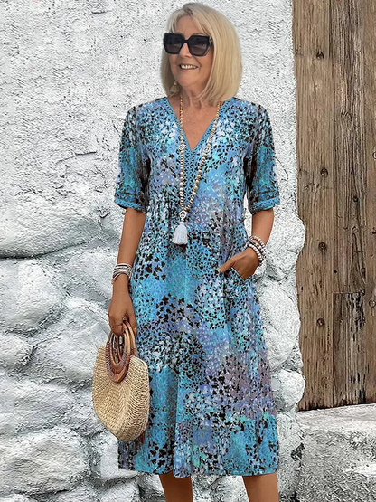 Women's V-Neck A-Line Printed Midi Dress