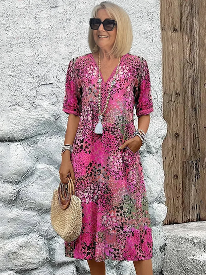 Women's V-Neck A-Line Printed Midi Dress