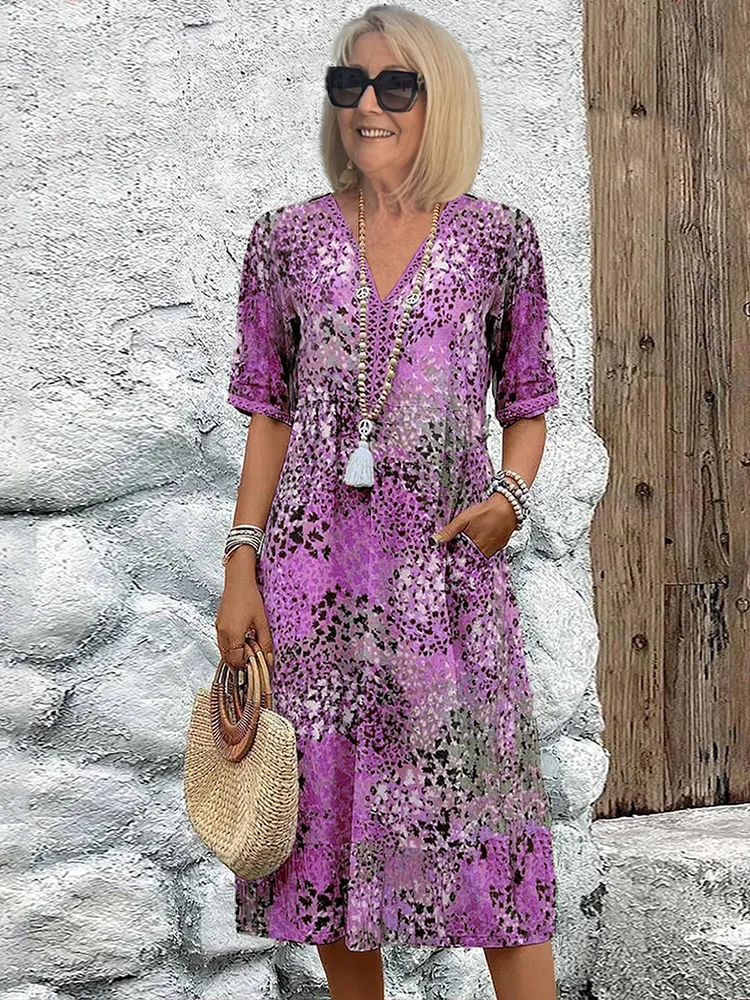 Women's V-Neck A-Line Printed Midi Dress