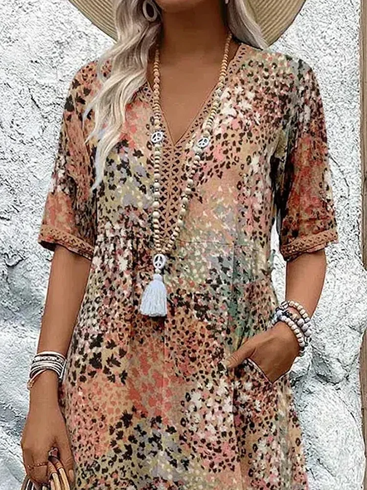 Women's V-Neck A-Line Printed Midi Dress