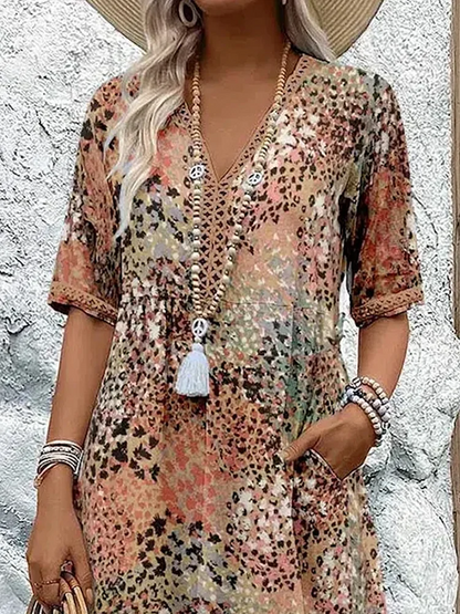 Women's V-Neck A-Line Printed Midi Dress