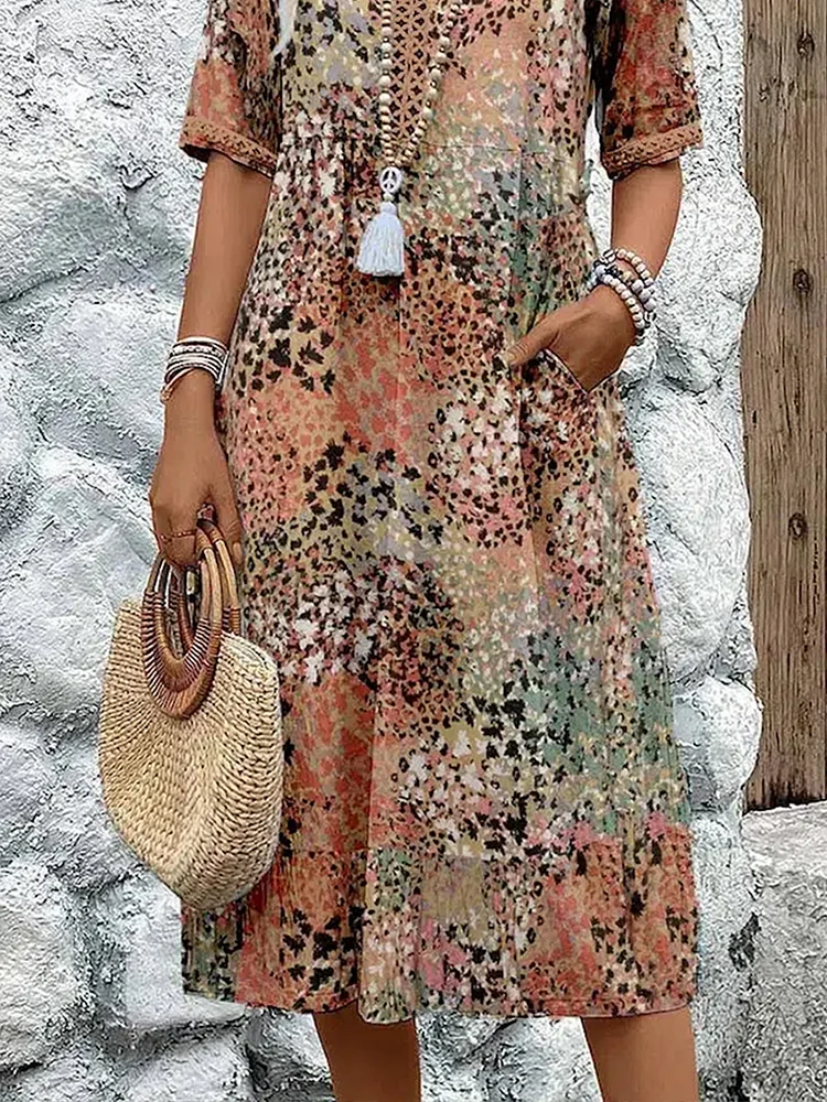 Women's V-Neck A-Line Printed Midi Dress