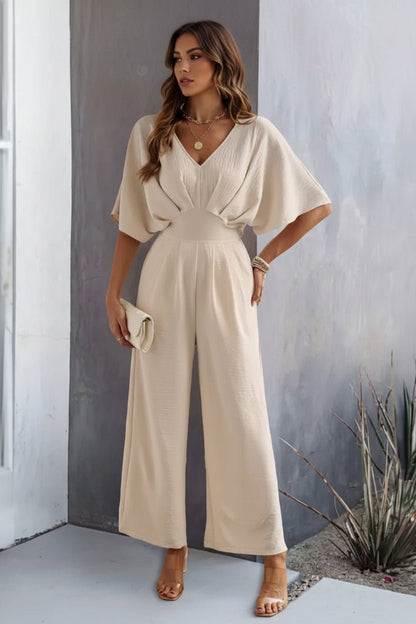 Women's V-Neck Batwing-Sleeve Cinched-Waist Wide-Leg Jumpsuit