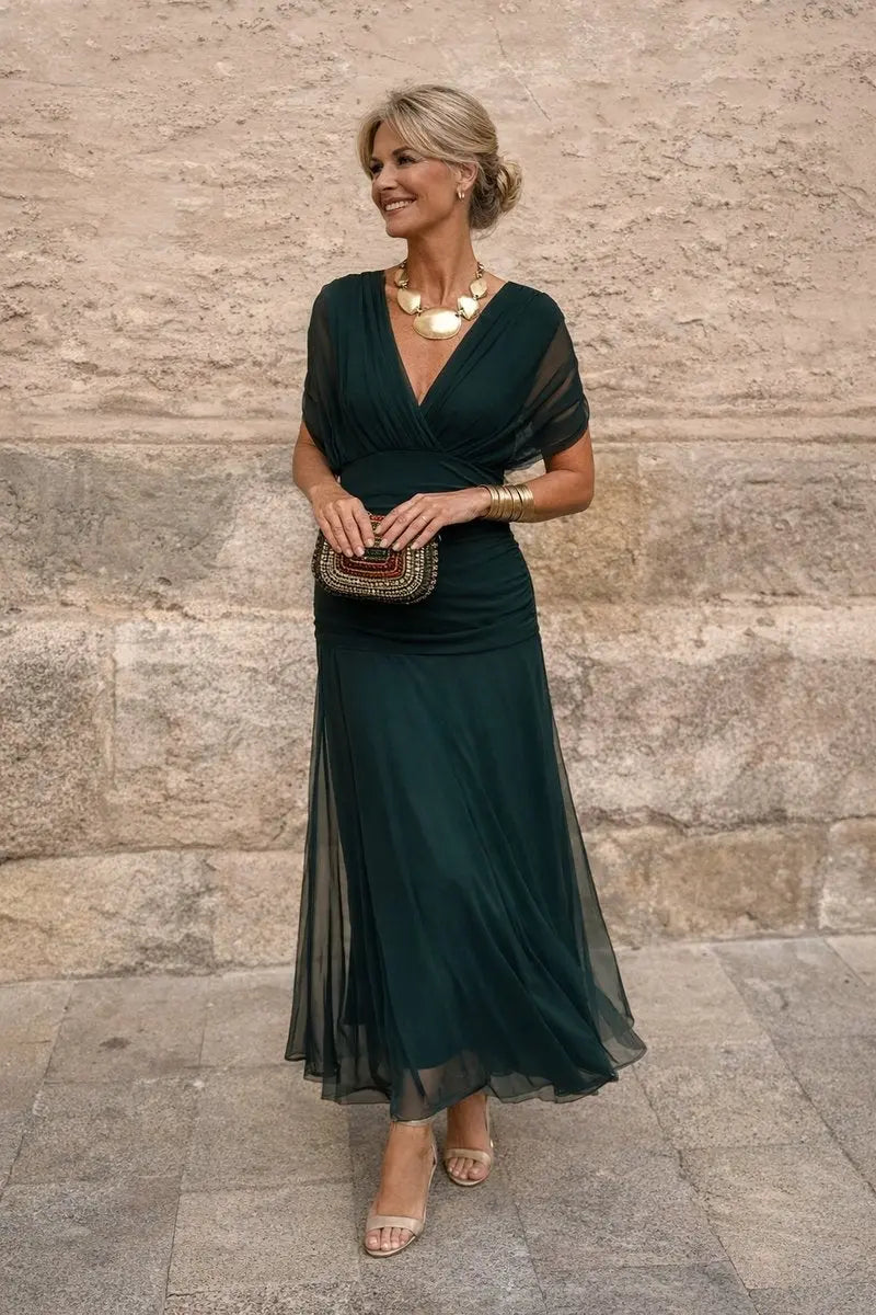 Women's V-Neck Chiffon Maxi Cocktail Party Dress with Ruched Waist