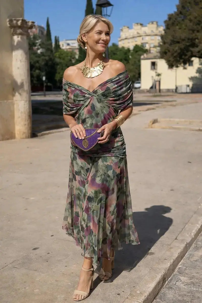Women's V-Neck Chiffon Maxi Cocktail Party Dress with Ruched Waist